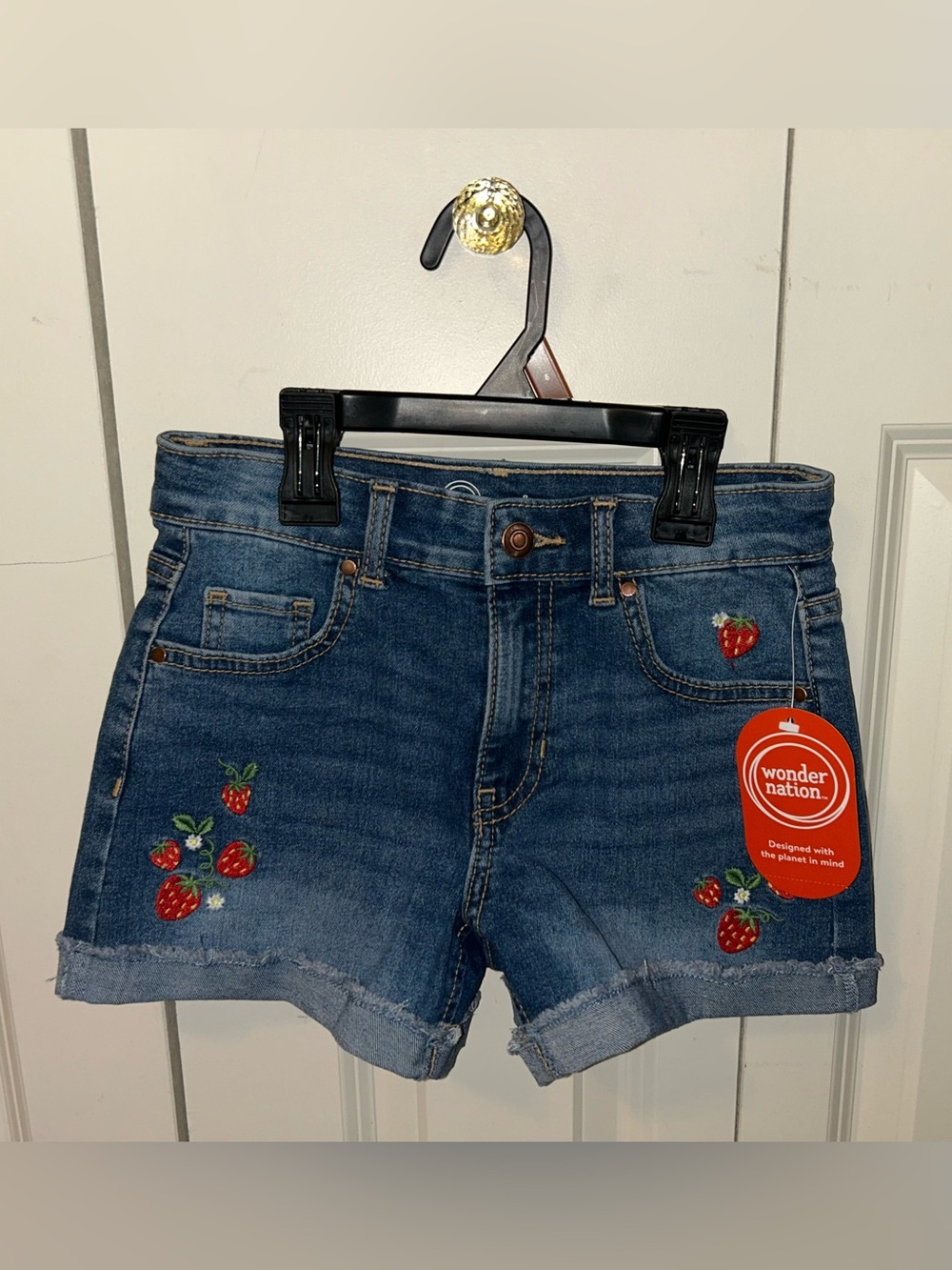Blue Denim Strawberry & Daisy Embroidered Girls' Shorts
